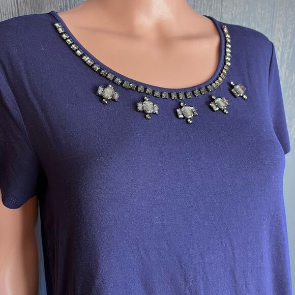 Adrianna Papell Blue Embellished Blouse L Rhinestones Cap Sleeve Date Theater - Picture 2 of 5